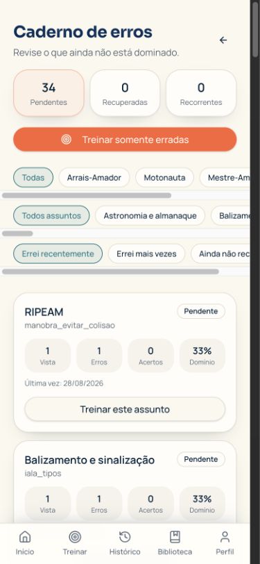 Caderno de erros do aplicativo com pendências e filtros de assunto