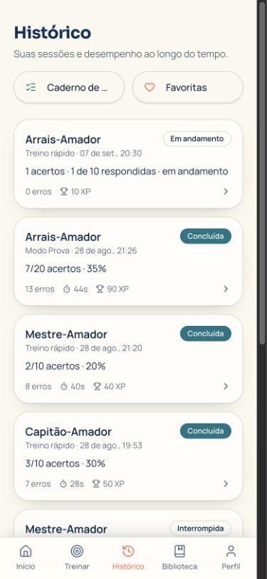 Tela real de histórico com sessões e desempenho